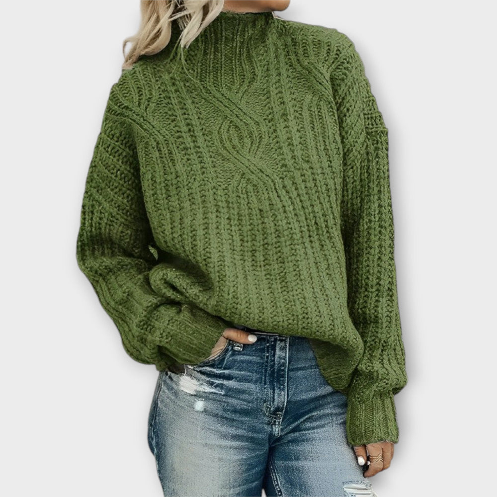 Juniper green cable knit mock neck oversized sweater, front view