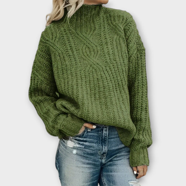 Juniper green cable knit mock neck oversized sweater, front view