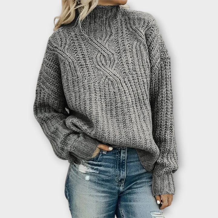 Juniper gray cable knit mock neck oversized sweater, front view