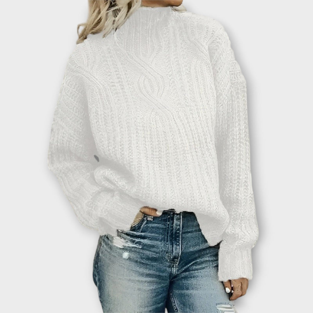 Juniper white cable knit mock neck oversized sweater, front view
