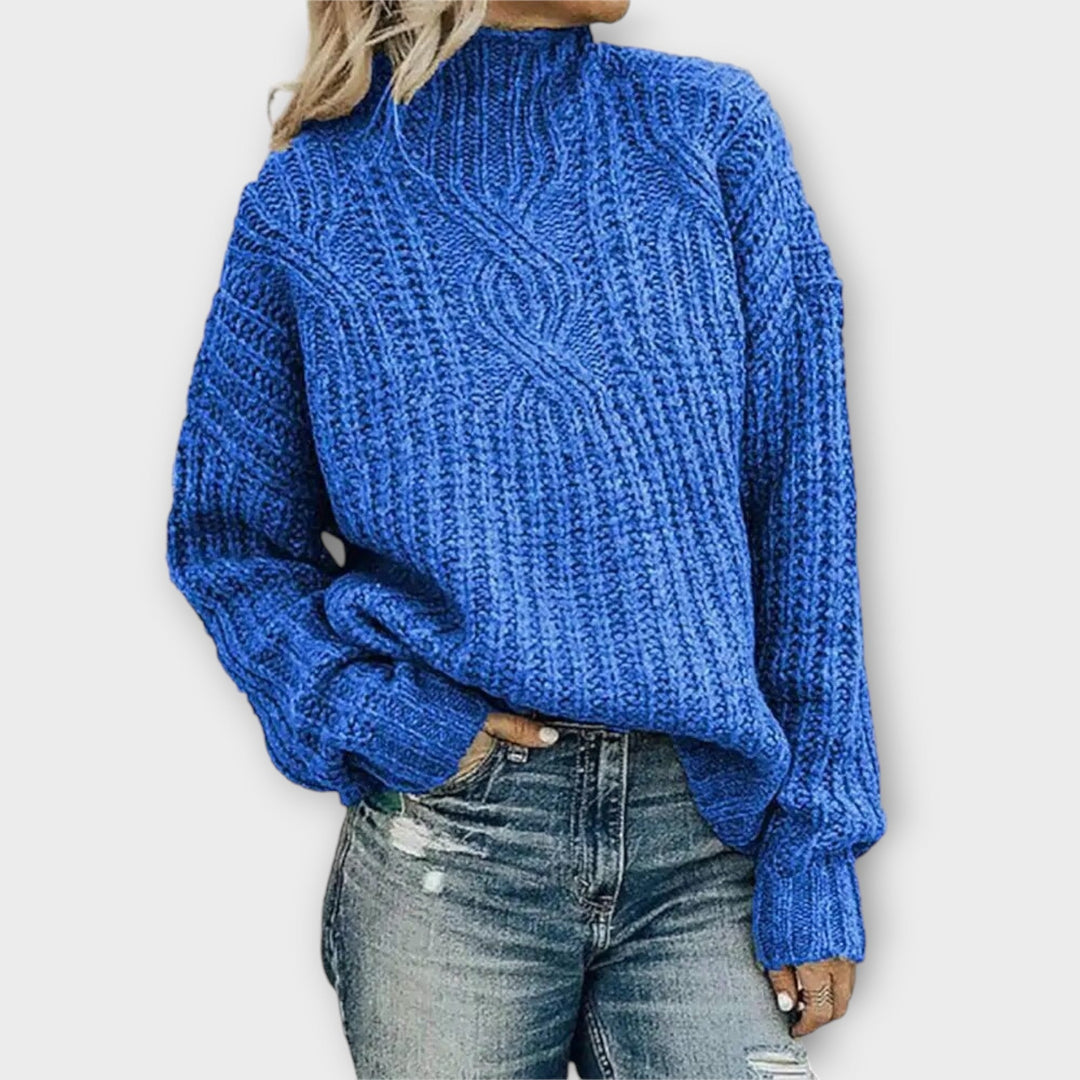 Juniper blue cable knit mock neck oversized sweater, front view