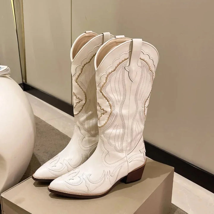 Juniper embroidered pointed toe western cowboy boots, side pair view