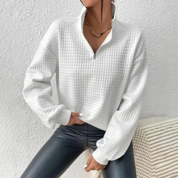 Juniper quarter zip collared sweater, front view close-up with zip detail