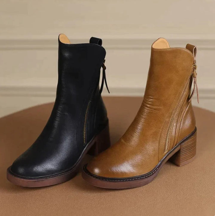 Juniper ankle boots shown in brown and black colorways side by side