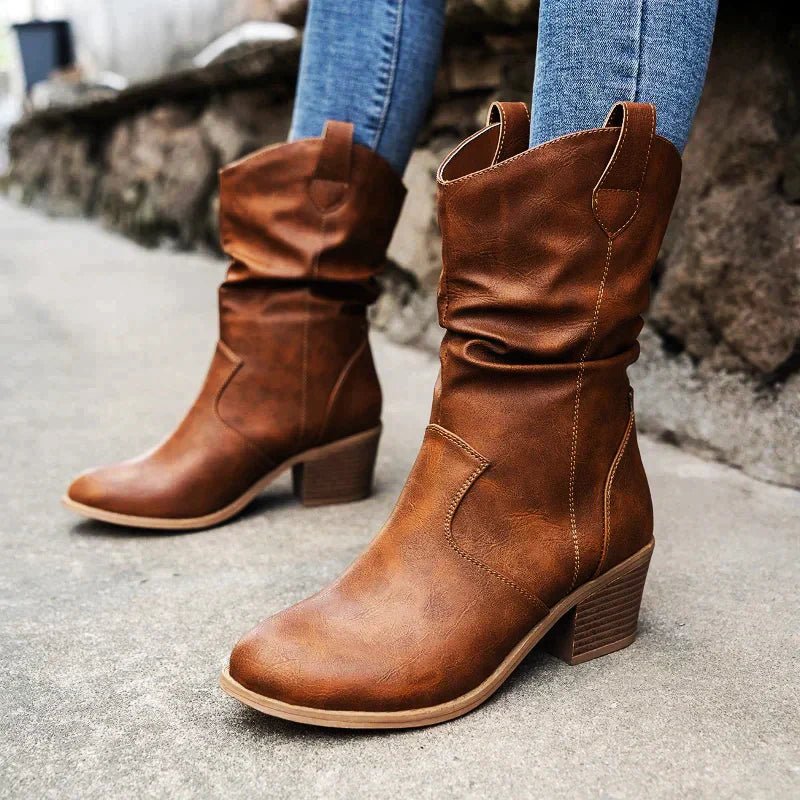 Juniper brown western slouch boots, side view with jeans