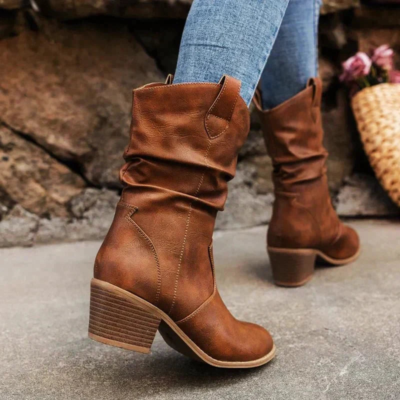 Juniper brown western slouch boots, close-up side profile