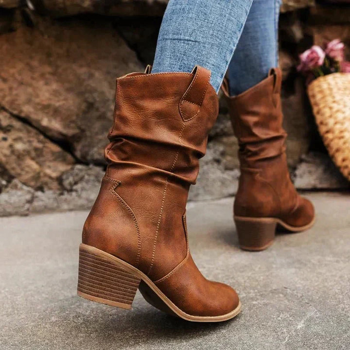 Juniper brown western slouch boots, close-up side profile
