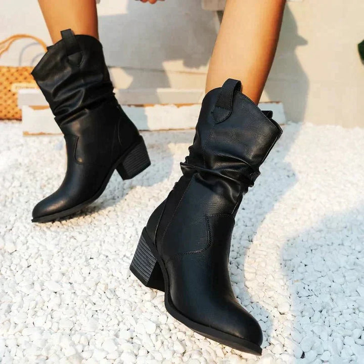 Juniper black western slouch boots, front angled view