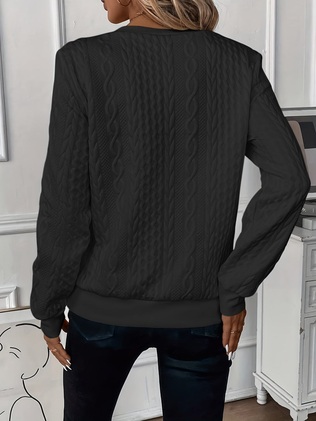 Juniper black cable knit pullover, back view