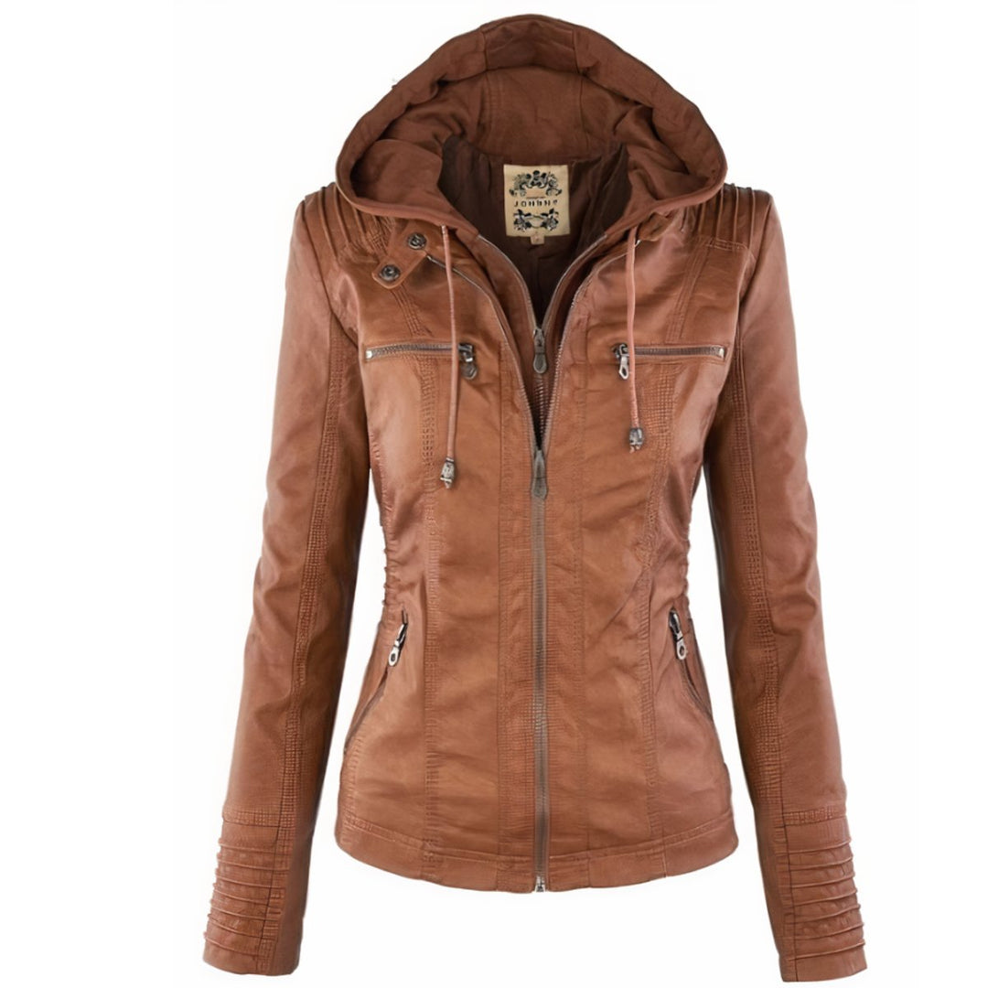 Katharina faux leather biker jacket with detachable hood in cognac brown, front view