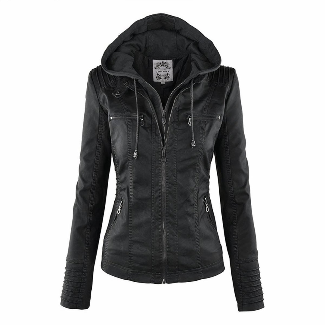 Katharina faux leather biker jacket with detachable hood in black, front view