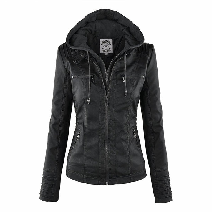 Katharina faux leather biker jacket with detachable hood in black, front view