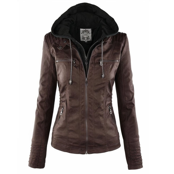 Katharina faux leather biker jacket with detachable hood in dark brown, front view