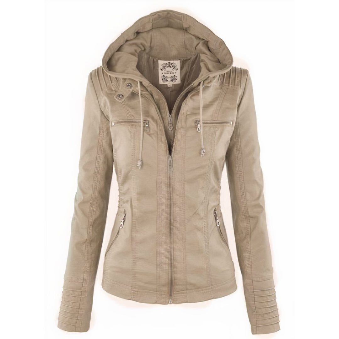 Katharina faux leather biker jacket with detachable hood in beige, front view