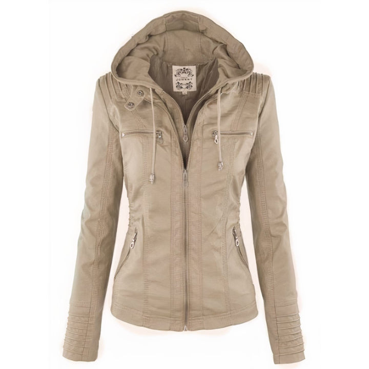 Katharina faux leather biker jacket with detachable hood in beige, front view