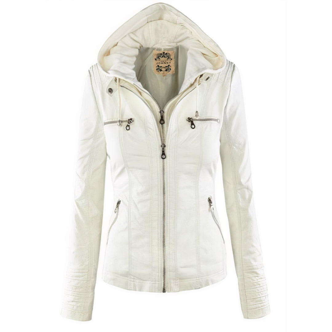 Katharina faux leather biker jacket with detachable hood in white, front view