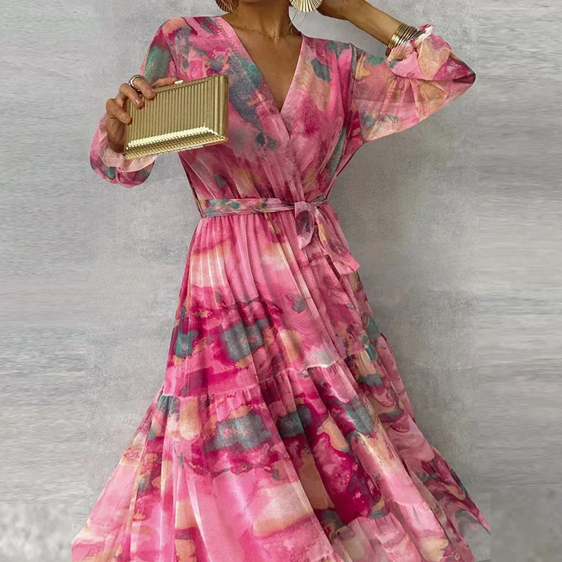 Katie floral wrap maxi dress with tie waist and long sleeves, full front view