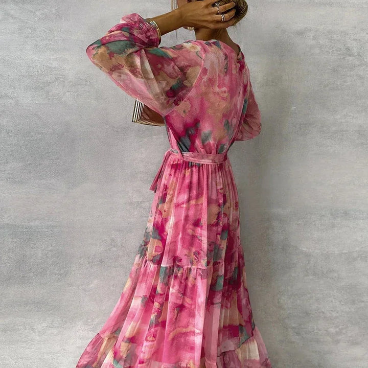 Katie floral maxi dress back view with tie waist belt