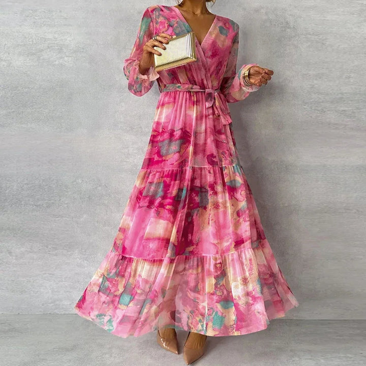 Katie floral wrap maxi dress with V-neck and long sleeves, front view