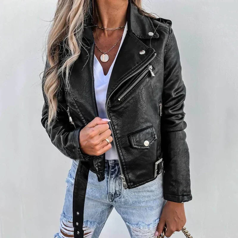 Larkin belted faux leather jacket in black with stand collar, front view