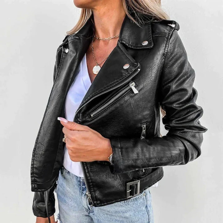 Larkin belted faux leather jacket in black, side view with zipper detail