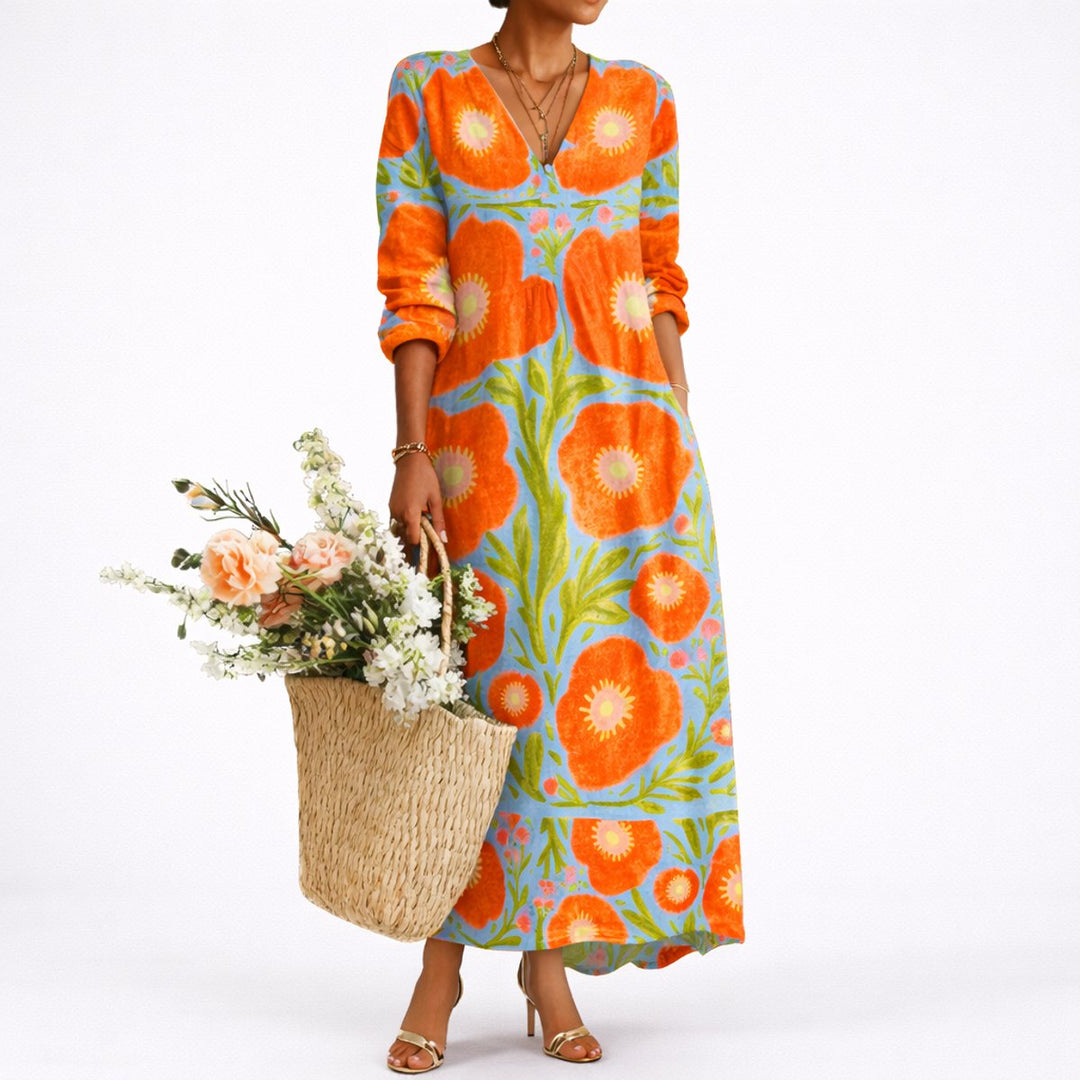 Lena floral V-neck maxi dress, front view styled with a woven basket bouquet