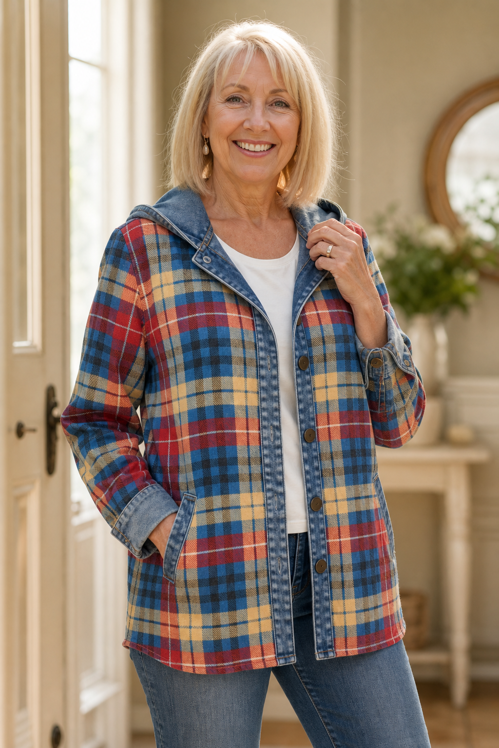 Rosalind | Women's Denim-Trim Hooded Knit Cardigan