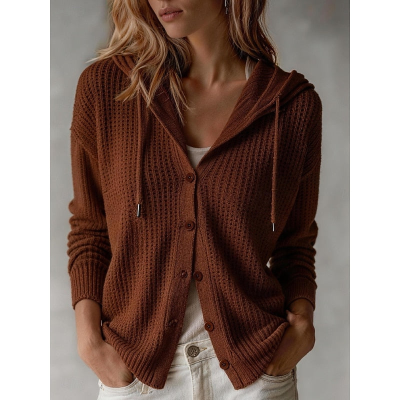 Louisa hooded button front knit cardigan in maroon, front view