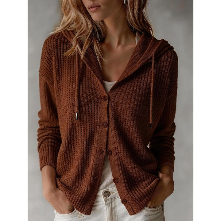 Louisa hooded button front knit cardigan in maroon, front view