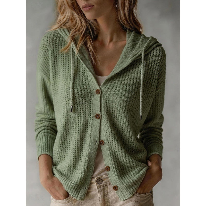 Louisa hooded button front knit cardigan in green, front view