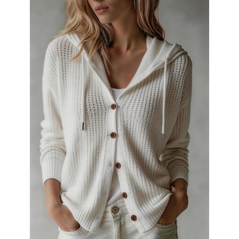 Louisa hooded button front knit cardigan in white, front view