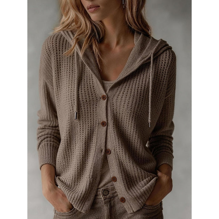 Louisa hooded button front knit cardigan in khaki, front view