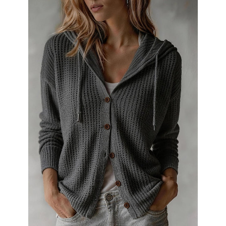 Louisa hooded button front knit cardigan in grey, front view