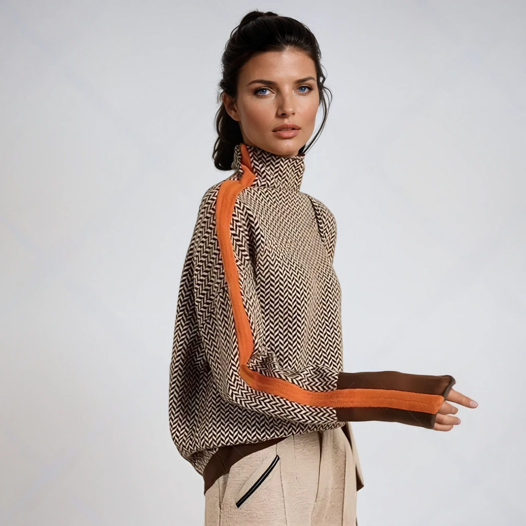 Marceline oversized turtleneck sweater with contrast stripe, side view