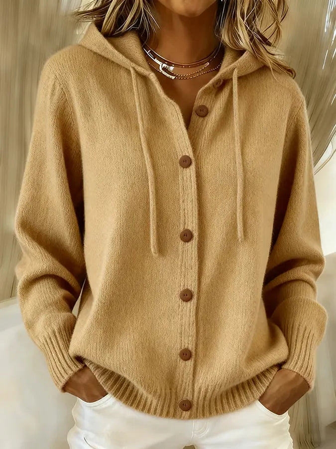 Marcella khaki hooded button-front cardigan, close-up front view