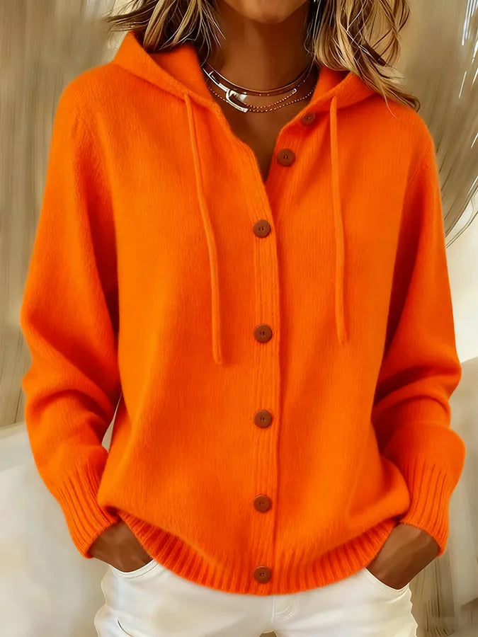 Marcella orange hooded button-front cardigan, close-up front view