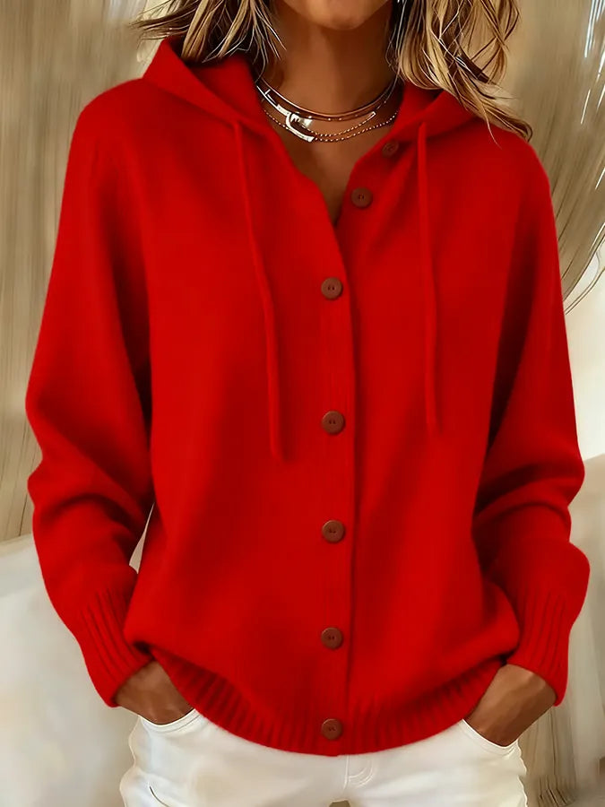 Marcella orange hooded button-front cardigan, close-up front view