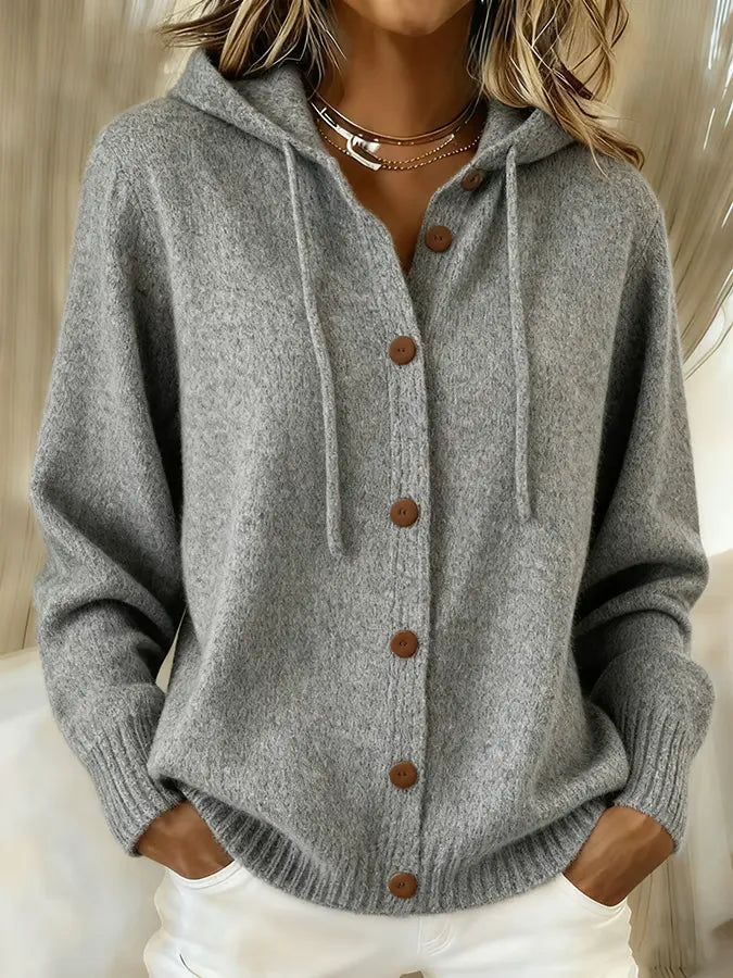 Marcella orange hooded button-front cardigan, close-up front view
