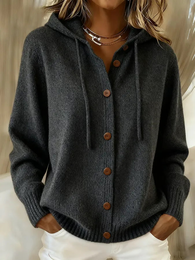 Marcella orange hooded button-front cardigan, close-up front view
