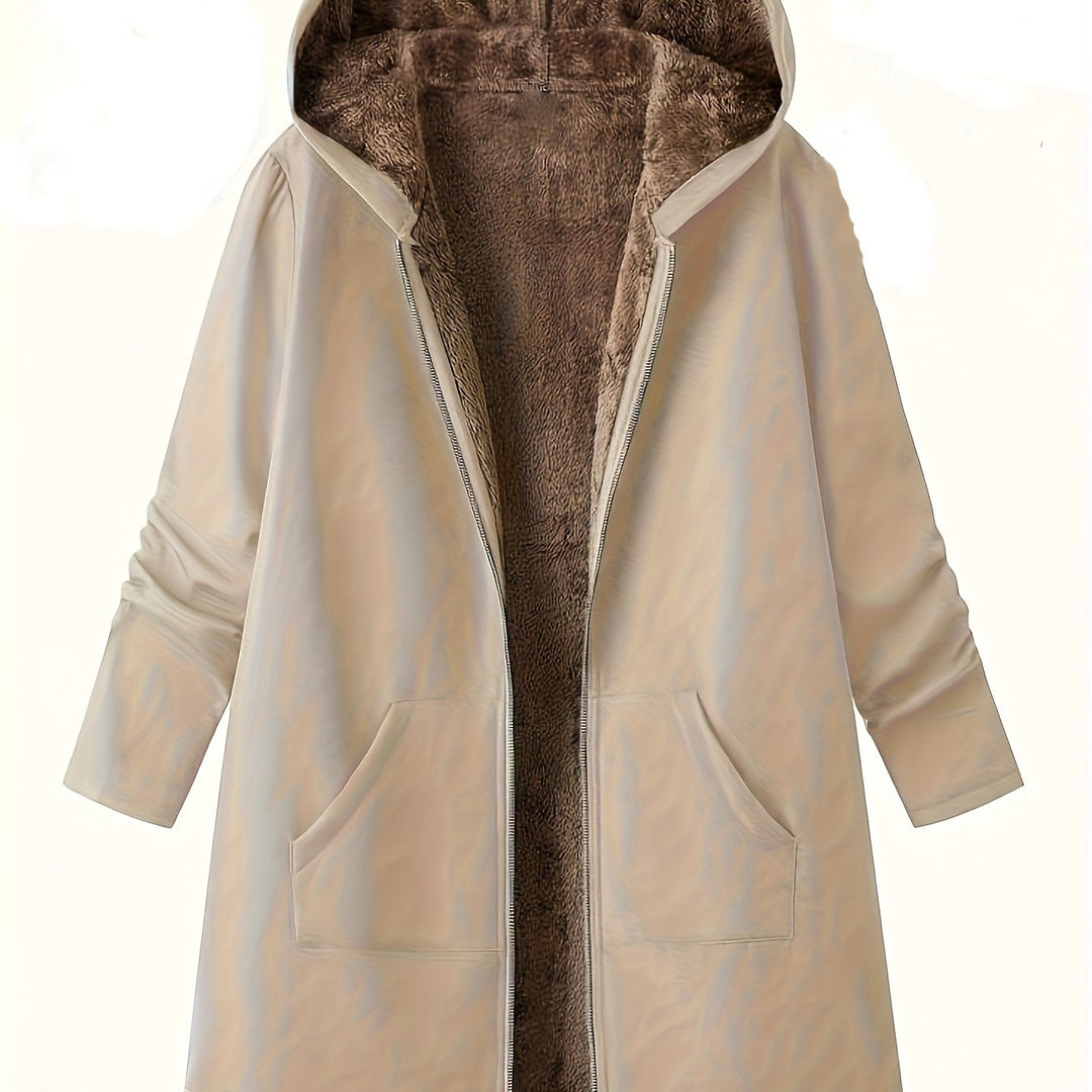 Marcelline cozy hooded longline coat with plush lining, front view open