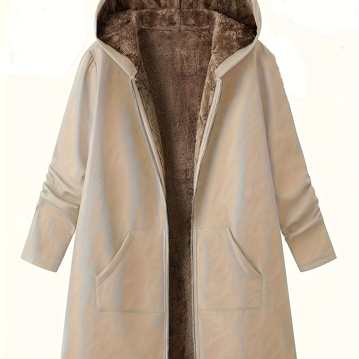 Marcelline cozy hooded longline coat with plush lining, front view open