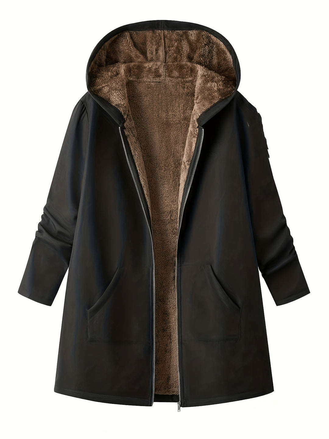 Close-up of Marcelline coat's deep front pocket with plush lining