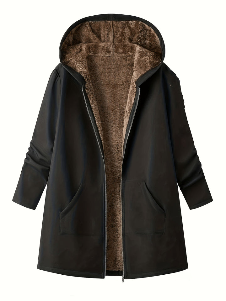 Close-up of Marcelline coat's deep front pocket with plush lining