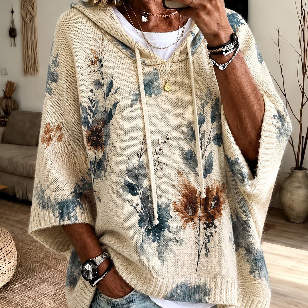 Marcelline hooded floral cape sweater, front view with hood down