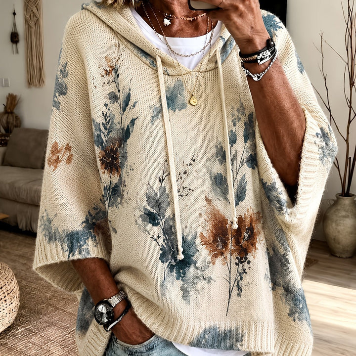 Marcelline hooded floral cape sweater, front view with hood down