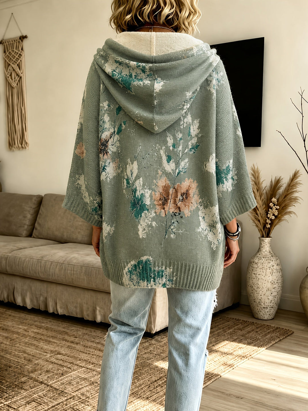 Marcelline hooded floral cape sweater, close-up of hood and sleeve