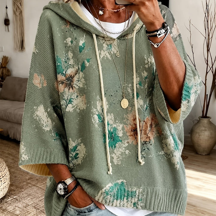 Marcelline hooded floral cape sweater, close-up of hood and sleeve