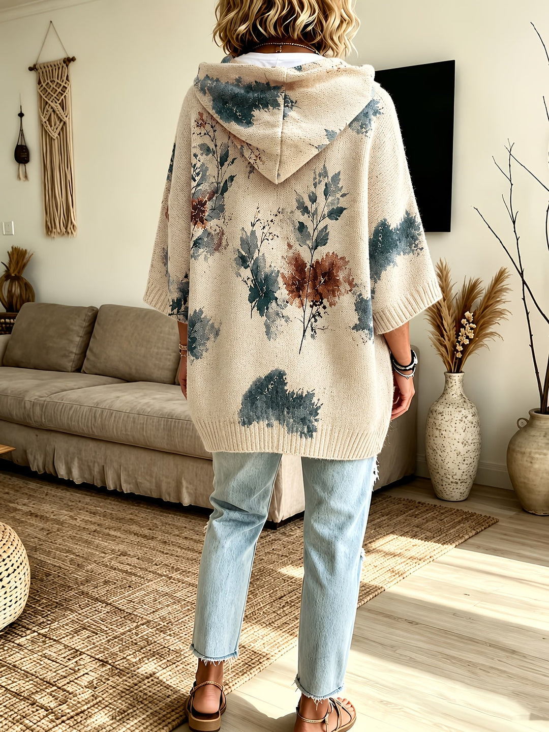 Marcelline hooded floral cape sweater, back view showing drape and length