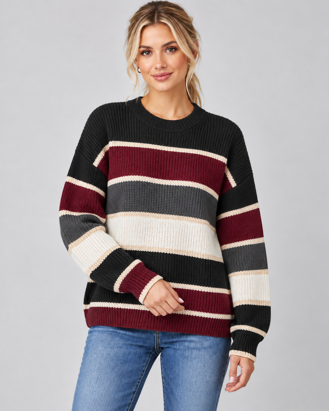 Margaux color block crew neck sweater, front view on model