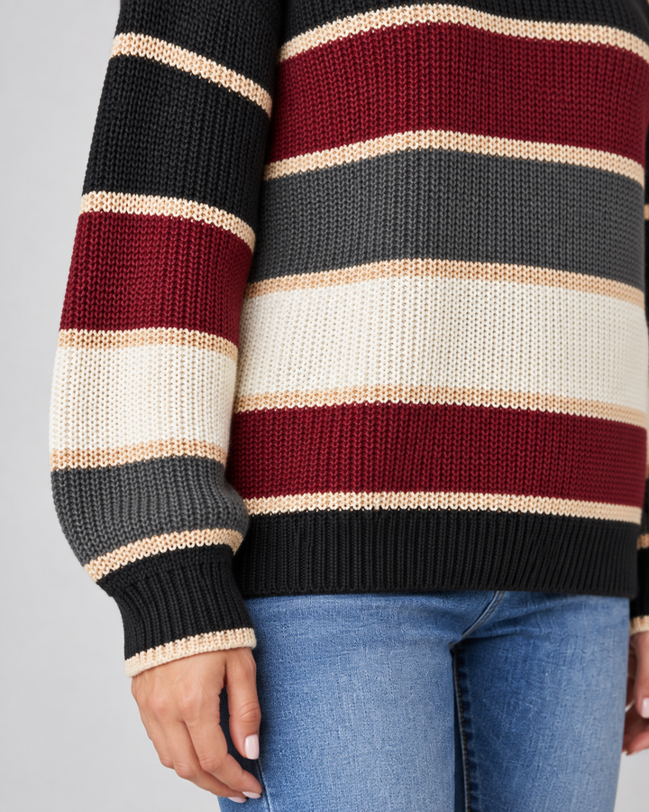 Margaux color block sweater, close-up detail of striped knit and cuff